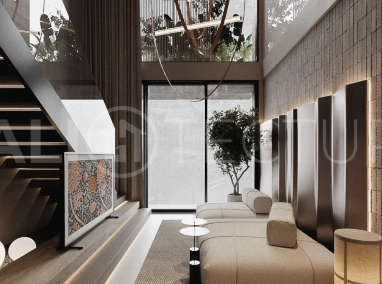Modern one bedroom villa near Pererenan Beach in Bali, featuring a private pool, tropical landscaping, natural stone and teak wood finishes, panoramic glazing, and a stylish resort inspired interior.