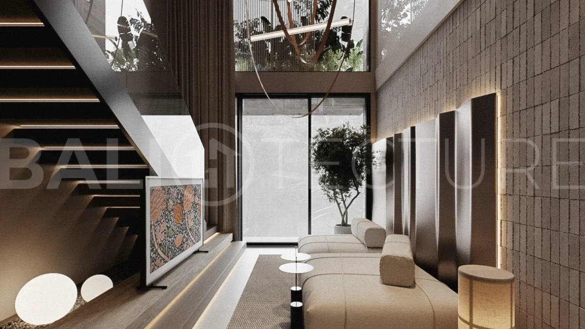 Modern one bedroom villa near Pererenan Beach in Bali, featuring a private pool, tropical landscaping, natural stone and teak wood finishes, panoramic glazing, and a stylish resort inspired interior.