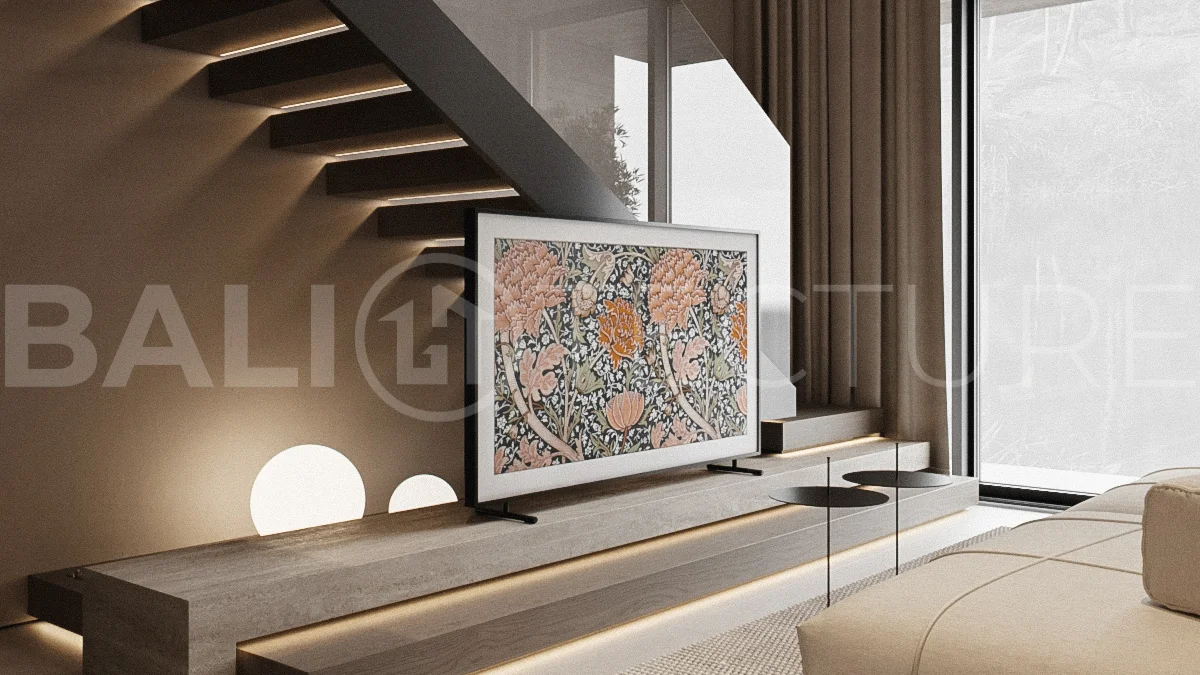 Modern one bedroom villa near Pererenan Beach in Bali, featuring a private pool, tropical landscaping, natural stone and teak wood finishes, panoramic glazing, and a stylish resort inspired interior.