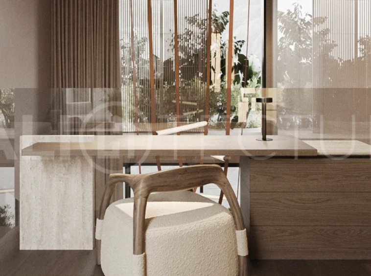 Modern one bedroom villa near Pererenan Beach in Bali, featuring a private pool, tropical landscaping, natural stone and teak wood finishes, panoramic glazing, and a stylish resort inspired interior.