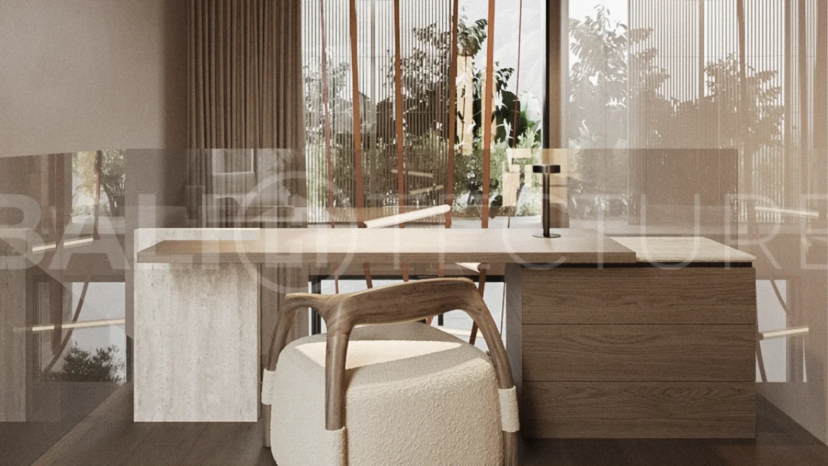 Modern one bedroom villa near Pererenan Beach in Bali, featuring a private pool, tropical landscaping, natural stone and teak wood finishes, panoramic glazing, and a stylish resort inspired interior.