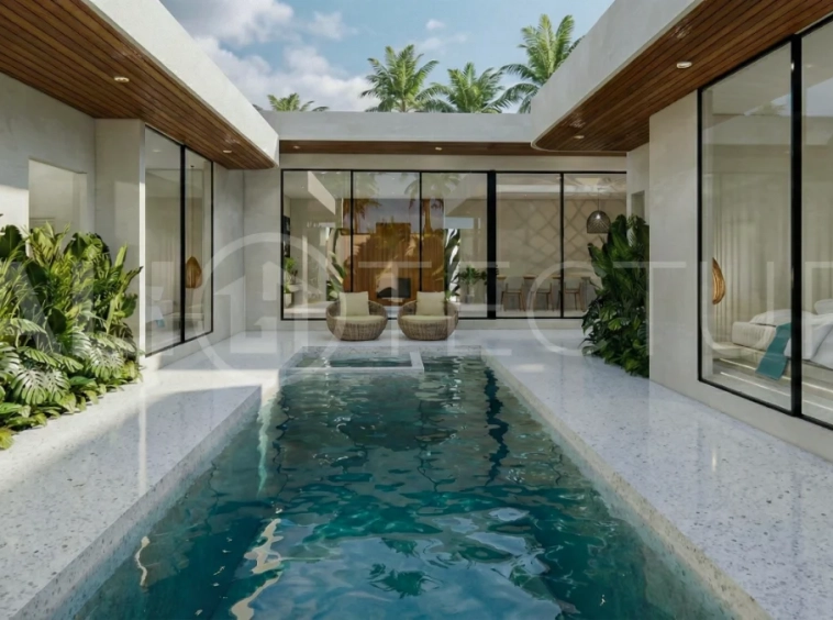 Contemporary tropical 3-bedroom villa with private swimming pool and garden in Kaba-Kaba, Bali, set within a peaceful development near Canggu and scheduled for completion in September 2026.
