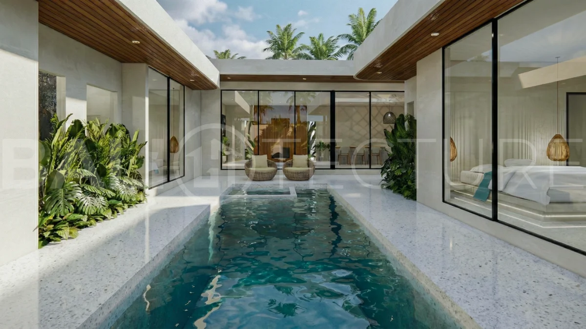 Contemporary tropical 3-bedroom villa with private swimming pool and garden in Kaba-Kaba, Bali, set within a peaceful development near Canggu and scheduled for completion in September 2026.