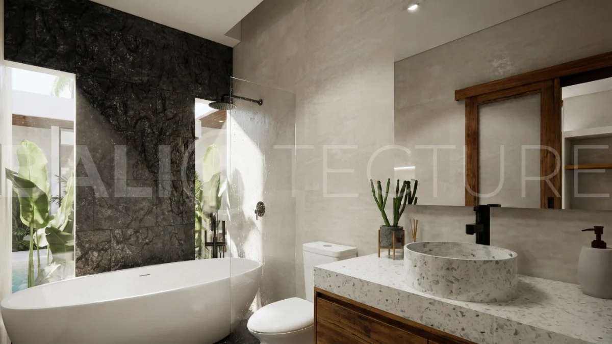 Contemporary tropical 3-bedroom villa with private swimming pool and garden in Kaba-Kaba, Bali, set within a peaceful development near Canggu and scheduled for completion in September 2026.