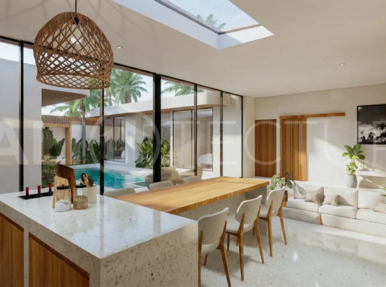 Contemporary tropical 3-bedroom villa with private swimming pool and garden in Kaba-Kaba, Bali, set within a peaceful development near Canggu and scheduled for completion in September 2026.
