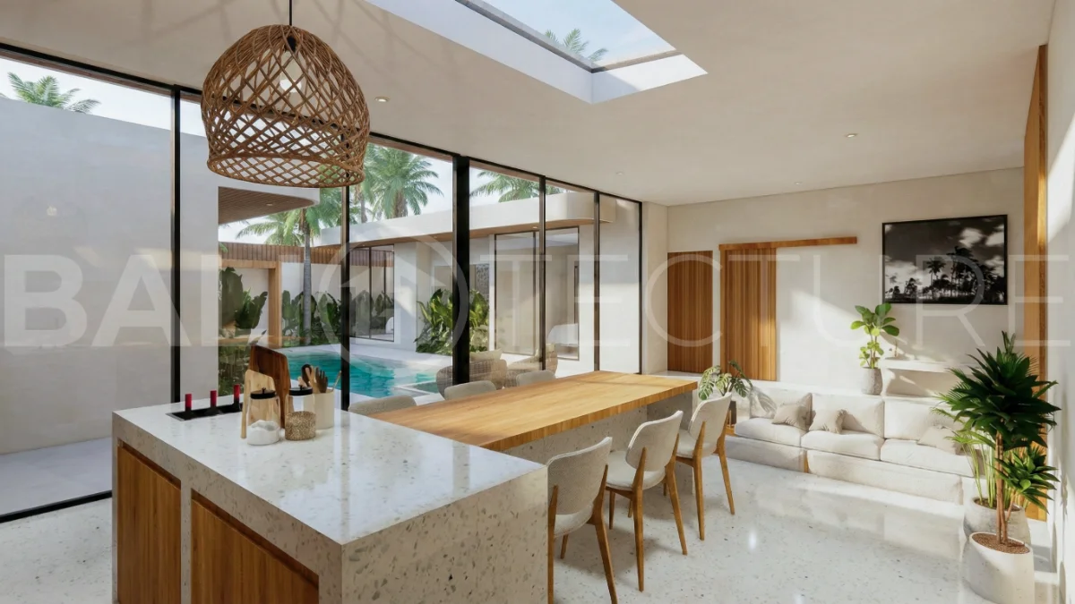 Contemporary tropical 3-bedroom villa with private swimming pool and garden in Kaba-Kaba, Bali, set within a peaceful development near Canggu and scheduled for completion in September 2026.
