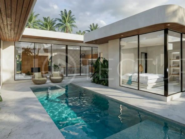 Contemporary tropical 3-bedroom villa with private swimming pool and garden in Kaba-Kaba, Bali, set within a peaceful development near Canggu and scheduled for completion in September 2026.