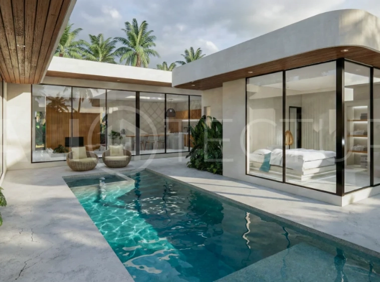 Contemporary tropical 3-bedroom villa with private swimming pool and garden in Kaba-Kaba, Bali, set within a peaceful development near Canggu and scheduled for completion in September 2026.