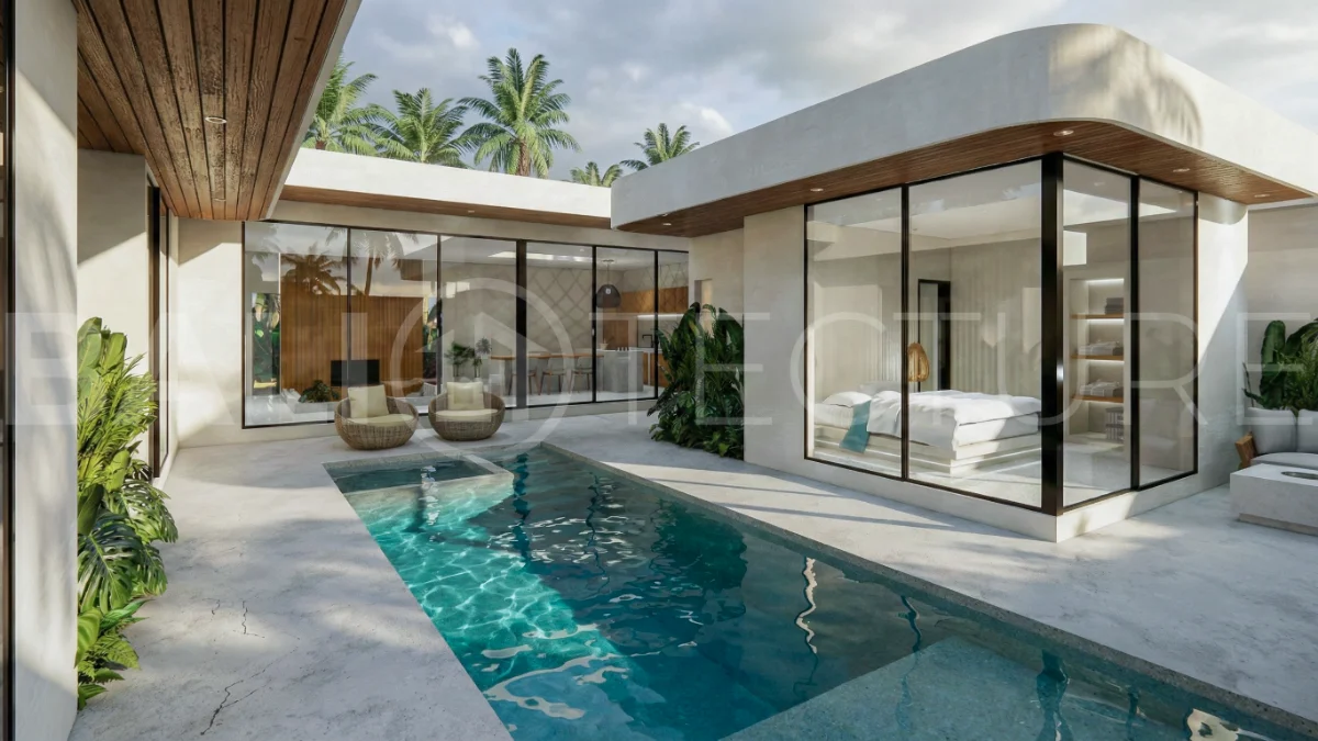 Contemporary tropical 3-bedroom villa with private swimming pool and garden in Kaba-Kaba, Bali, set within a peaceful development near Canggu and scheduled for completion in September 2026.