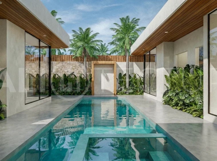 Contemporary tropical 3-bedroom villa with private swimming pool and garden in Kaba-Kaba, Bali, set within a peaceful development near Canggu and scheduled for completion in September 2026.