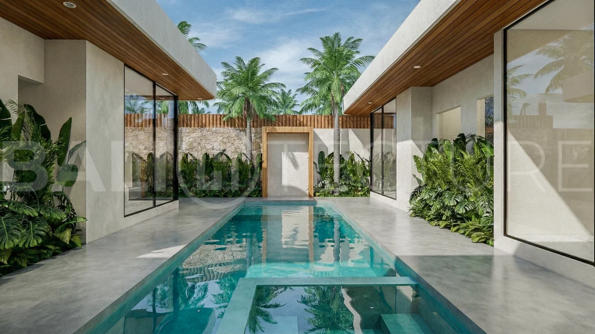 Contemporary tropical 3-bedroom villa with private swimming pool and garden in Kaba-Kaba, Bali, set within a peaceful development near Canggu and scheduled for completion in September 2026.