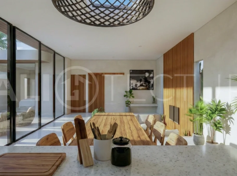 Contemporary tropical 3-bedroom villa with private swimming pool and garden in Kaba-Kaba, Bali, set within a peaceful development near Canggu and scheduled for completion in September 2026.