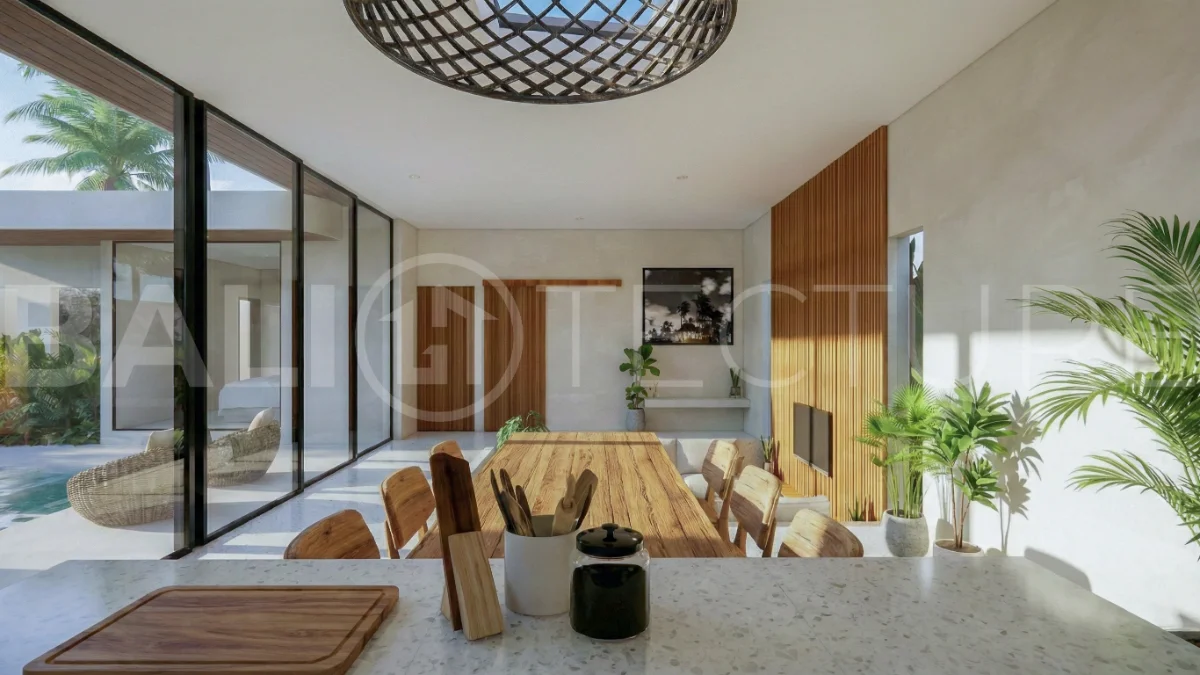 Contemporary tropical 3-bedroom villa with private swimming pool and garden in Kaba-Kaba, Bali, set within a peaceful development near Canggu and scheduled for completion in September 2026.