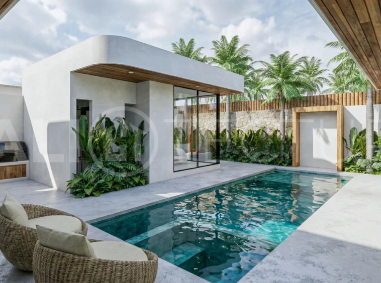 Contemporary tropical 3-bedroom villa with private swimming pool and garden in Kaba-Kaba, Bali, set within a peaceful development near Canggu and scheduled for completion in September 2026.