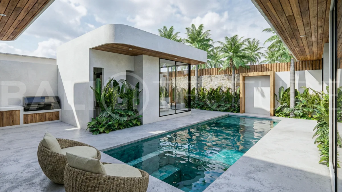 Contemporary tropical 3-bedroom villa with private swimming pool and garden in Kaba-Kaba, Bali, set within a peaceful development near Canggu and scheduled for completion in September 2026.
