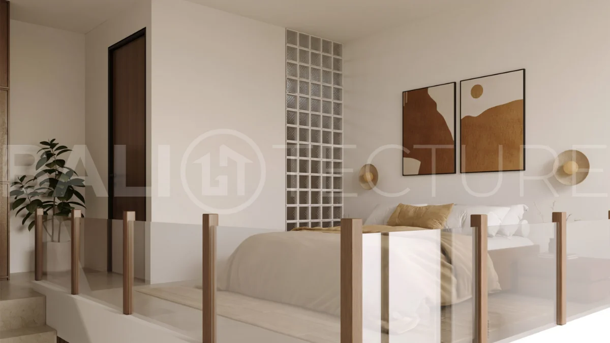 Off-plan one-bedroom loft villa near Melasti Beach, Bali, featuring a double-height living area, private plunge pool, tropical landscaping, fully furnished interiors, and ocean views from selected back-row units. Set within an exclusive 12-villa development on the Bukit with 25-year leasehold ownership in a Pink Zone.