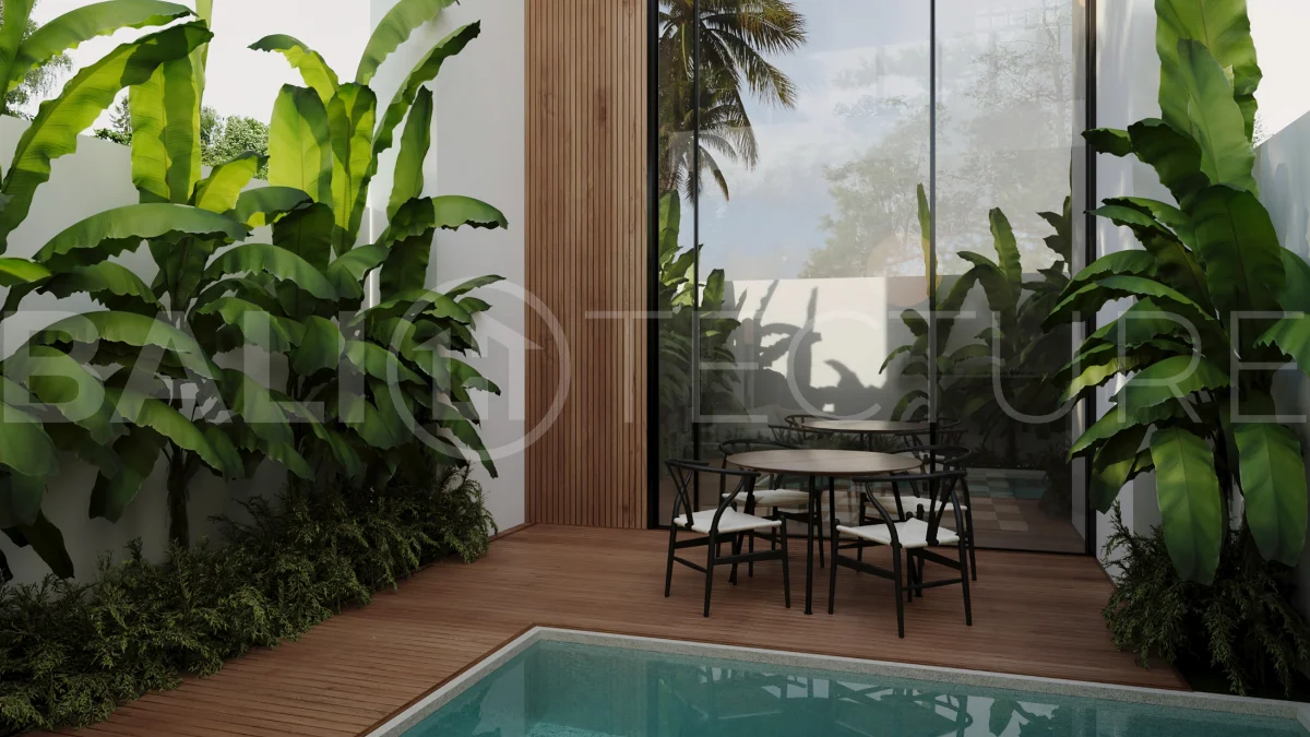 Off-plan one-bedroom loft villa near Melasti Beach, Bali, featuring a double-height living area, private plunge pool, tropical landscaping, fully furnished interiors, and ocean views from selected back-row units. Set within an exclusive 12-villa development on the Bukit with 25-year leasehold ownership in a Pink Zone.