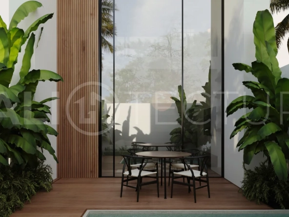 Off-plan one-bedroom loft villa near Melasti Beach, Bali, featuring a double-height living area, private plunge pool, tropical landscaping, fully furnished interiors, and ocean views from selected back-row units. Set within an exclusive 12-villa development on the Bukit with 25-year leasehold ownership in a Pink Zone.