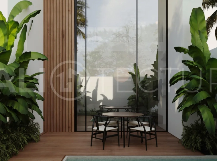 Off-plan one-bedroom loft villa near Melasti Beach, Bali, featuring a double-height living area, private plunge pool, tropical landscaping, fully furnished interiors, and ocean views from selected back-row units. Set within an exclusive 12-villa development on the Bukit with 25-year leasehold ownership in a Pink Zone.