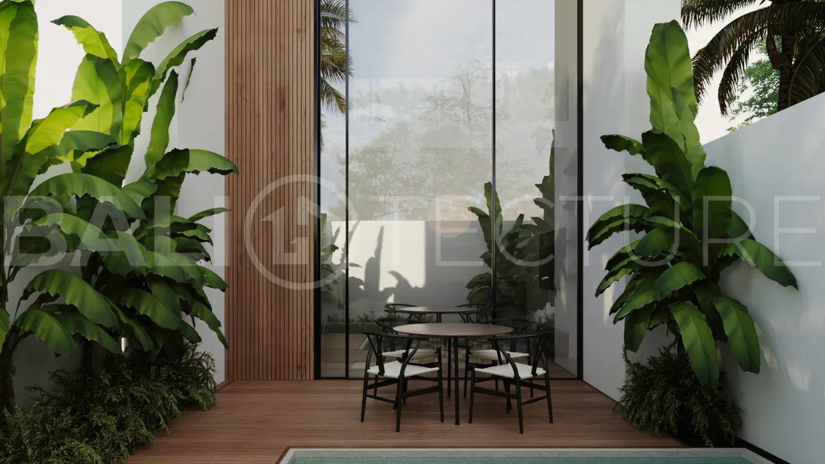 Off-plan one-bedroom loft villa near Melasti Beach, Bali, featuring a double-height living area, private plunge pool, tropical landscaping, fully furnished interiors, and ocean views from selected back-row units. Set within an exclusive 12-villa development on the Bukit with 25-year leasehold ownership in a Pink Zone.