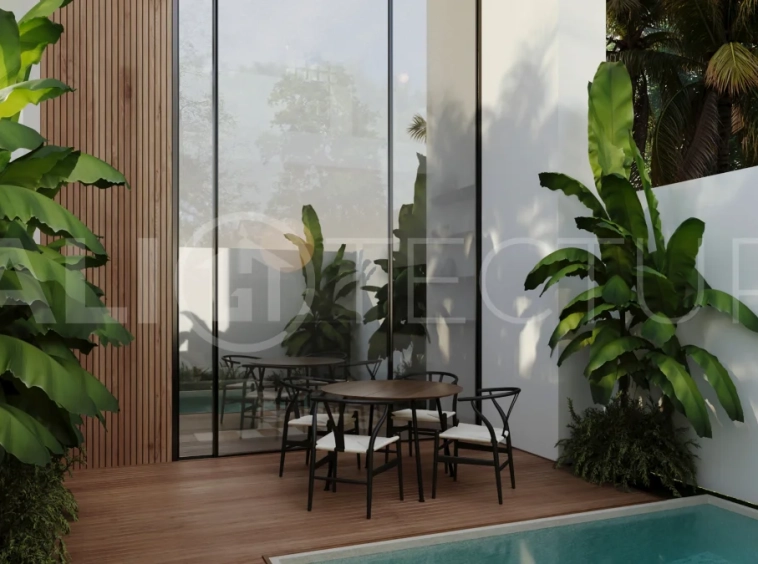 Off-plan one-bedroom loft villa near Melasti Beach, Bali, featuring a double-height living area, private plunge pool, tropical landscaping, fully furnished interiors, and ocean views from selected back-row units. Set within an exclusive 12-villa development on the Bukit with 25-year leasehold ownership in a Pink Zone.