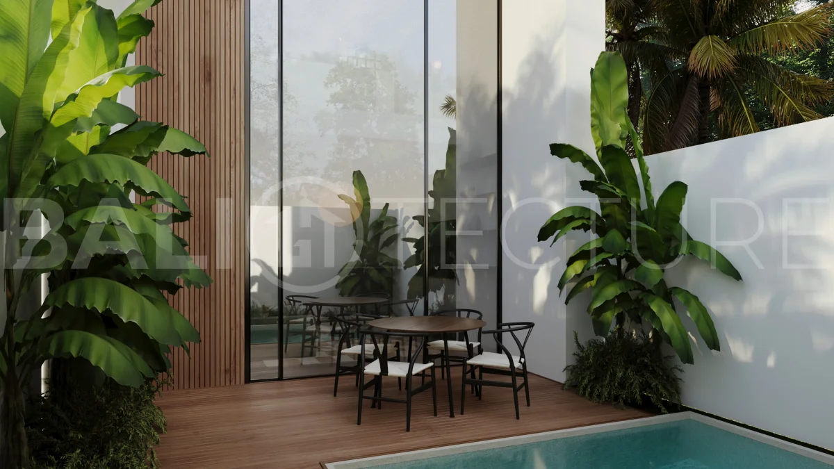 Off-plan one-bedroom loft villa near Melasti Beach, Bali, featuring a double-height living area, private plunge pool, tropical landscaping, fully furnished interiors, and ocean views from selected back-row units. Set within an exclusive 12-villa development on the Bukit with 25-year leasehold ownership in a Pink Zone.