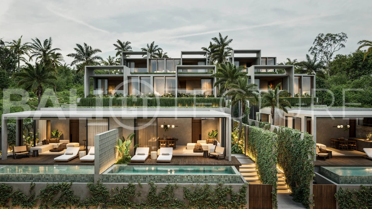 Modern tropical two bedroom villa near Savaya Uluwatu, surrounded by lush jungle greenery and featuring a private pool, landscaped outdoor spaces, contemporary architecture, and a tranquil tropical setting.