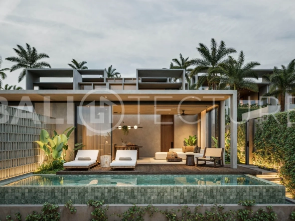 Modern tropical two bedroom villa near Savaya Uluwatu, surrounded by lush jungle greenery and featuring a private pool, landscaped outdoor spaces, contemporary architecture, and a tranquil tropical setting.