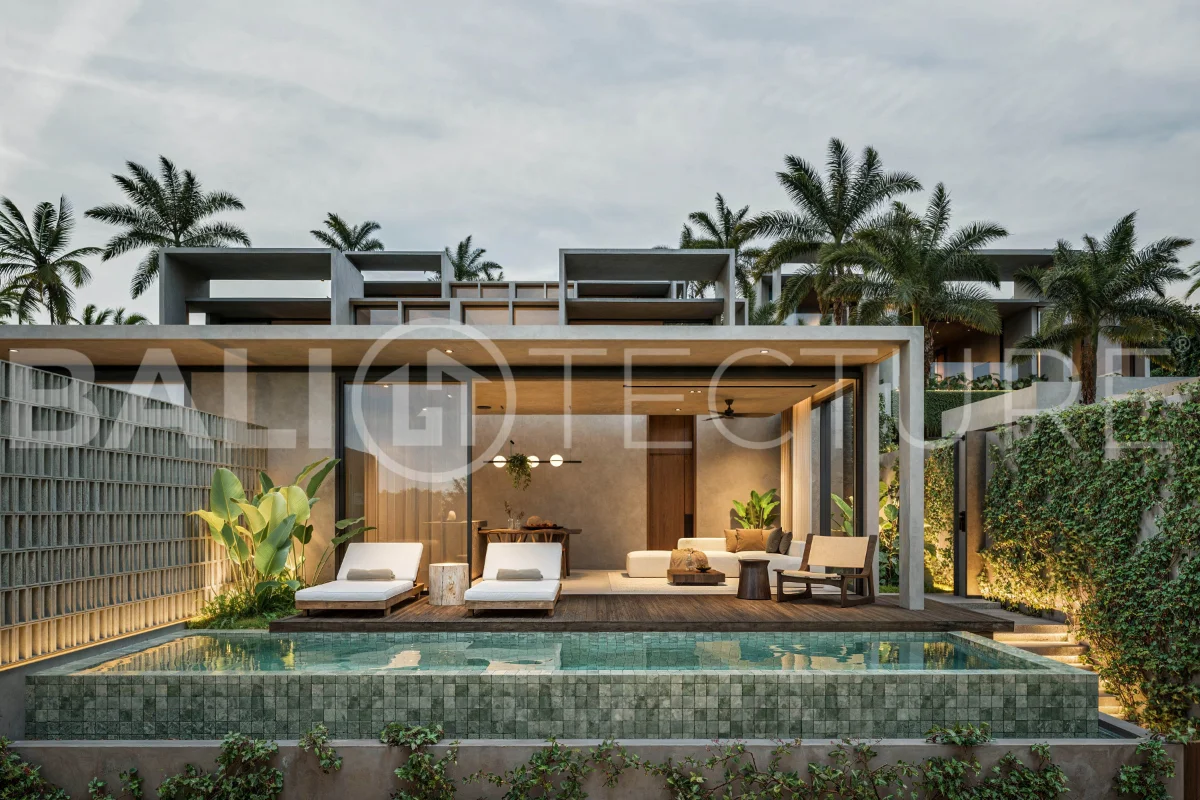 Modern tropical two bedroom villa near Savaya Uluwatu, surrounded by lush jungle greenery and featuring a private pool, landscaped outdoor spaces, contemporary architecture, and a tranquil tropical setting.