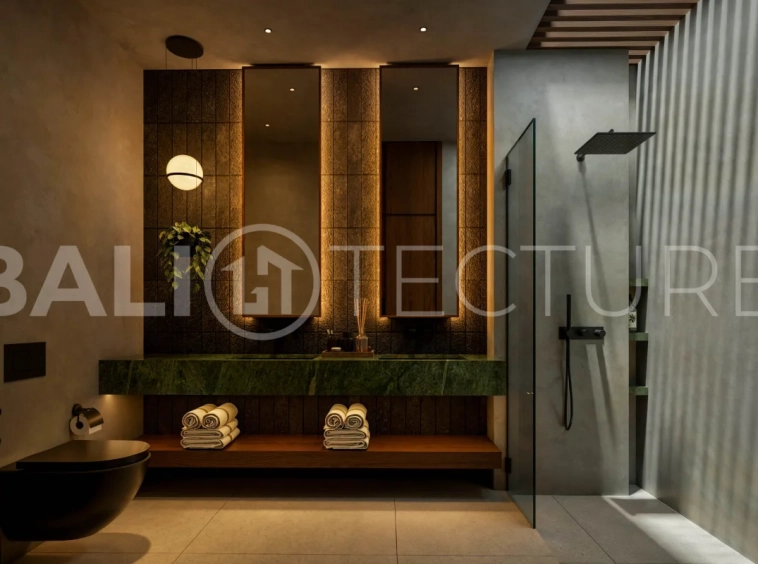 Modern tropical two bedroom villa near Savaya Uluwatu, surrounded by lush jungle greenery and featuring a private pool, landscaped outdoor spaces, contemporary architecture, and a tranquil tropical setting.