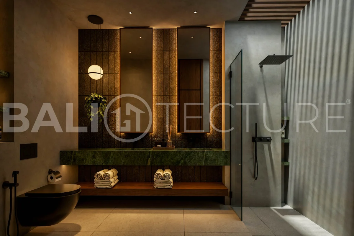 Modern tropical two bedroom villa near Savaya Uluwatu, surrounded by lush jungle greenery and featuring a private pool, landscaped outdoor spaces, contemporary architecture, and a tranquil tropical setting.