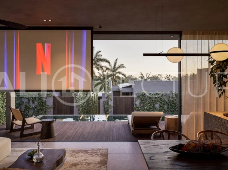 Modern tropical two bedroom villa near Savaya Uluwatu, surrounded by lush jungle greenery and featuring a private pool, landscaped outdoor spaces, contemporary architecture, and a tranquil tropical setting.