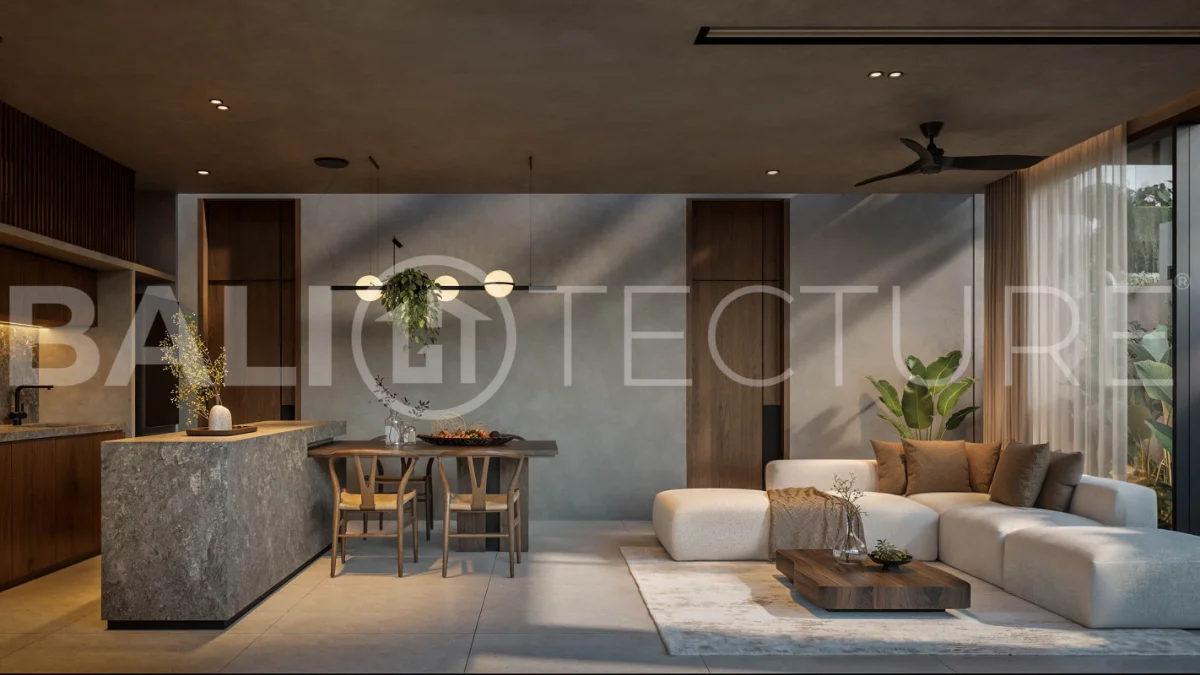 Modern tropical two bedroom villa near Savaya Uluwatu, surrounded by lush jungle greenery and featuring a private pool, landscaped outdoor spaces, contemporary architecture, and a tranquil tropical setting.