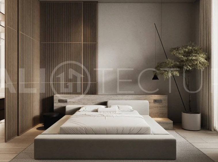 Modern three bedroom villa near Pererenan Beach in Bali, featuring a private pool, tropical landscaping, natural stone and teak wood finishes, panoramic glazing, spacious interiors with a double height ceiling, and a private courtyard.