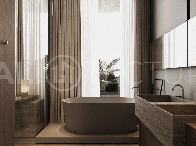 Modern three bedroom villa near Pererenan Beach in Bali, featuring a private pool, tropical landscaping, natural stone and teak wood finishes, panoramic glazing, spacious interiors with a double height ceiling, and a private courtyard.