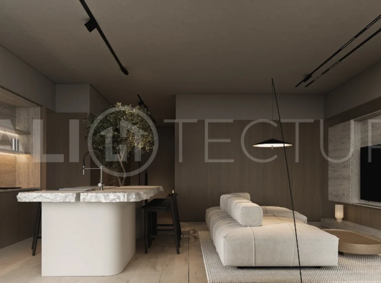 Modern three bedroom villa near Pererenan Beach in Bali, featuring a private pool, tropical landscaping, natural stone and teak wood finishes, panoramic glazing, spacious interiors with a double height ceiling, and a private courtyard.