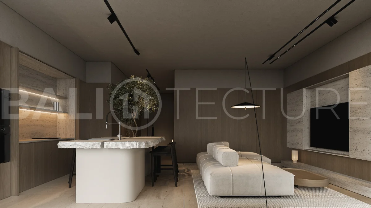 Modern three bedroom villa near Pererenan Beach in Bali, featuring a private pool, tropical landscaping, natural stone and teak wood finishes, panoramic glazing, spacious interiors with a double height ceiling, and a private courtyard.