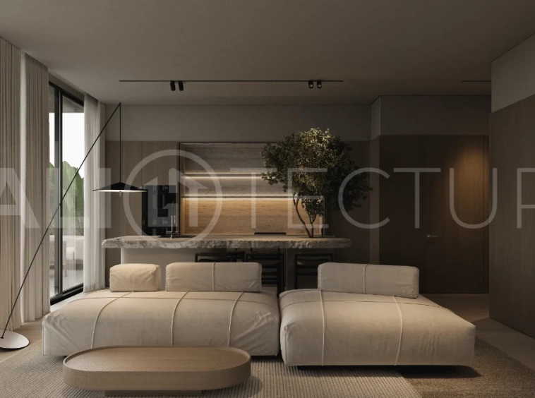 Modern three bedroom villa near Pererenan Beach in Bali, featuring a private pool, tropical landscaping, natural stone and teak wood finishes, panoramic glazing, spacious interiors with a double height ceiling, and a private courtyard.