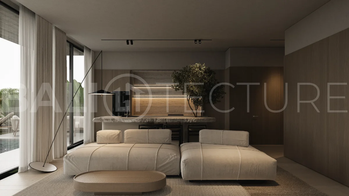 Modern three bedroom villa near Pererenan Beach in Bali, featuring a private pool, tropical landscaping, natural stone and teak wood finishes, panoramic glazing, spacious interiors with a double height ceiling, and a private courtyard.