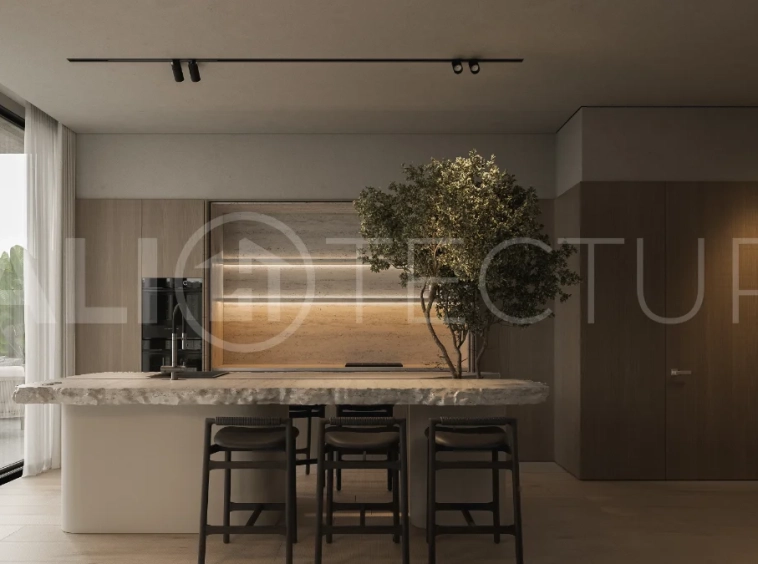 Modern three bedroom villa near Pererenan Beach in Bali, featuring a private pool, tropical landscaping, natural stone and teak wood finishes, panoramic glazing, spacious interiors with a double height ceiling, and a private courtyard.