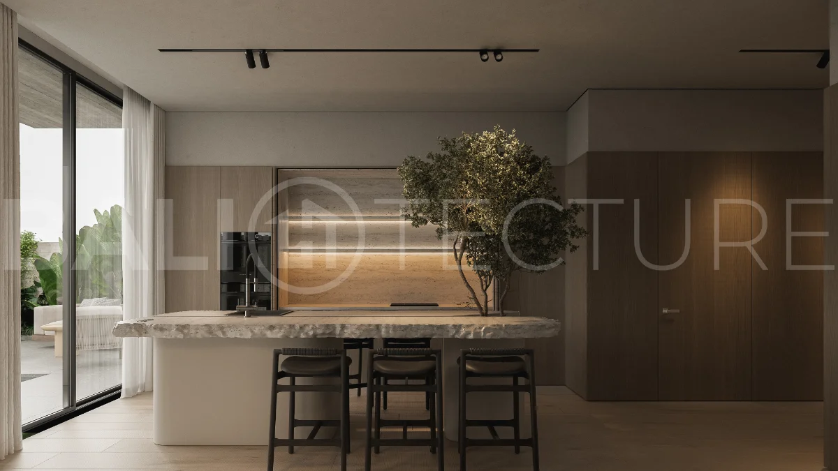 Modern three bedroom villa near Pererenan Beach in Bali, featuring a private pool, tropical landscaping, natural stone and teak wood finishes, panoramic glazing, spacious interiors with a double height ceiling, and a private courtyard.