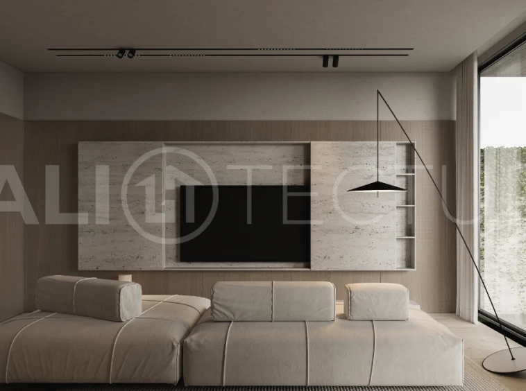 Modern three bedroom villa near Pererenan Beach in Bali, featuring a private pool, tropical landscaping, natural stone and teak wood finishes, panoramic glazing, spacious interiors with a double height ceiling, and a private courtyard.