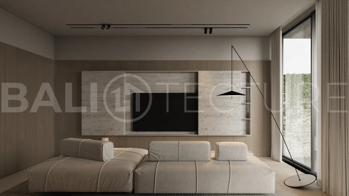 Modern three bedroom villa near Pererenan Beach in Bali, featuring a private pool, tropical landscaping, natural stone and teak wood finishes, panoramic glazing, spacious interiors with a double height ceiling, and a private courtyard.