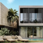 Modern three bedroom villa near Pererenan Beach in Bali, featuring a private pool, tropical landscaping, natural stone and teak wood finishes, panoramic glazing, spacious interiors with a double height ceiling, and a private courtyard.