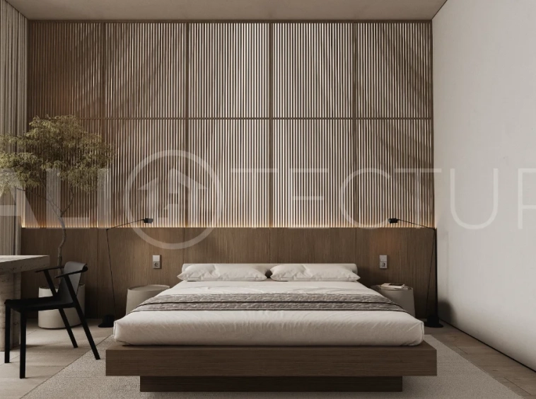 Modern three bedroom villa near Pererenan Beach in Bali, featuring a private pool, tropical landscaping, natural stone and teak wood finishes, panoramic glazing, spacious interiors with a double height ceiling, and a private courtyard.