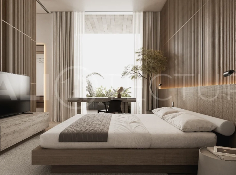 Modern three bedroom villa near Pererenan Beach in Bali, featuring a private pool, tropical landscaping, natural stone and teak wood finishes, panoramic glazing, spacious interiors with a double height ceiling, and a private courtyard.