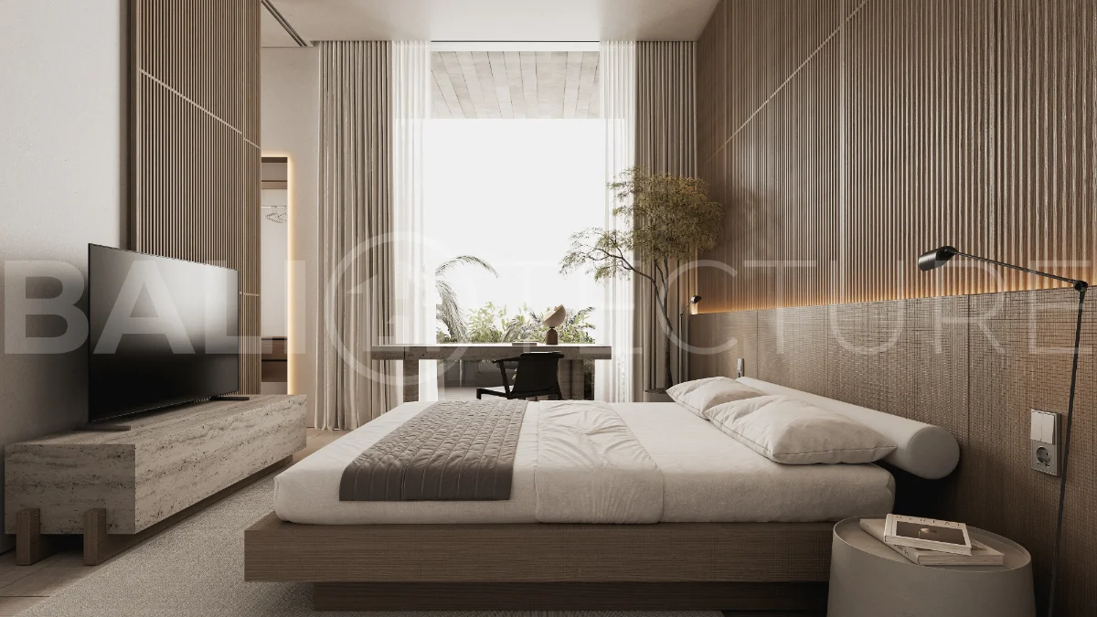 Modern three bedroom villa near Pererenan Beach in Bali, featuring a private pool, tropical landscaping, natural stone and teak wood finishes, panoramic glazing, spacious interiors with a double height ceiling, and a private courtyard.