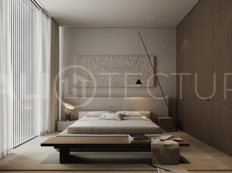 Modern three bedroom villa near Pererenan Beach in Bali, featuring a private pool, tropical landscaping, natural stone and teak wood finishes, panoramic glazing, spacious interiors with a double height ceiling, and a private courtyard.