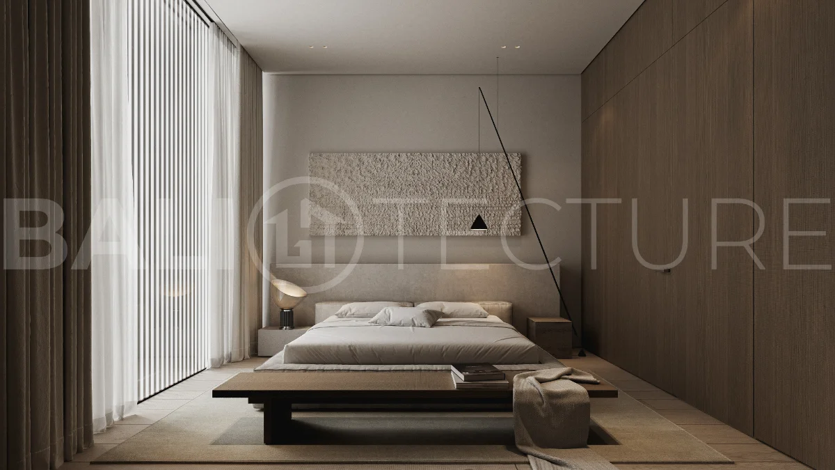 Modern three bedroom villa near Pererenan Beach in Bali, featuring a private pool, tropical landscaping, natural stone and teak wood finishes, panoramic glazing, spacious interiors with a double height ceiling, and a private courtyard.