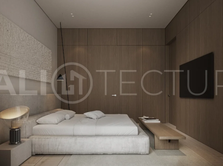 Modern three bedroom villa near Pererenan Beach in Bali, featuring a private pool, tropical landscaping, natural stone and teak wood finishes, panoramic glazing, spacious interiors with a double height ceiling, and a private courtyard.